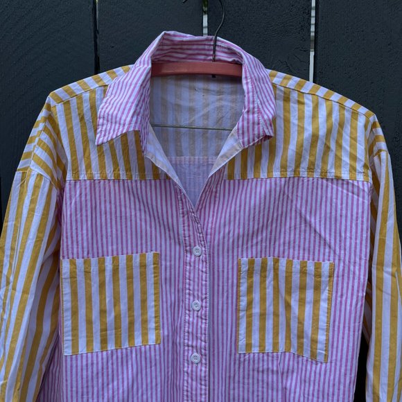 Yellow-Pink Striped Avant Garde Shirt S/M 100% Cotton Made in Japan VTG - Picture 2 of 9